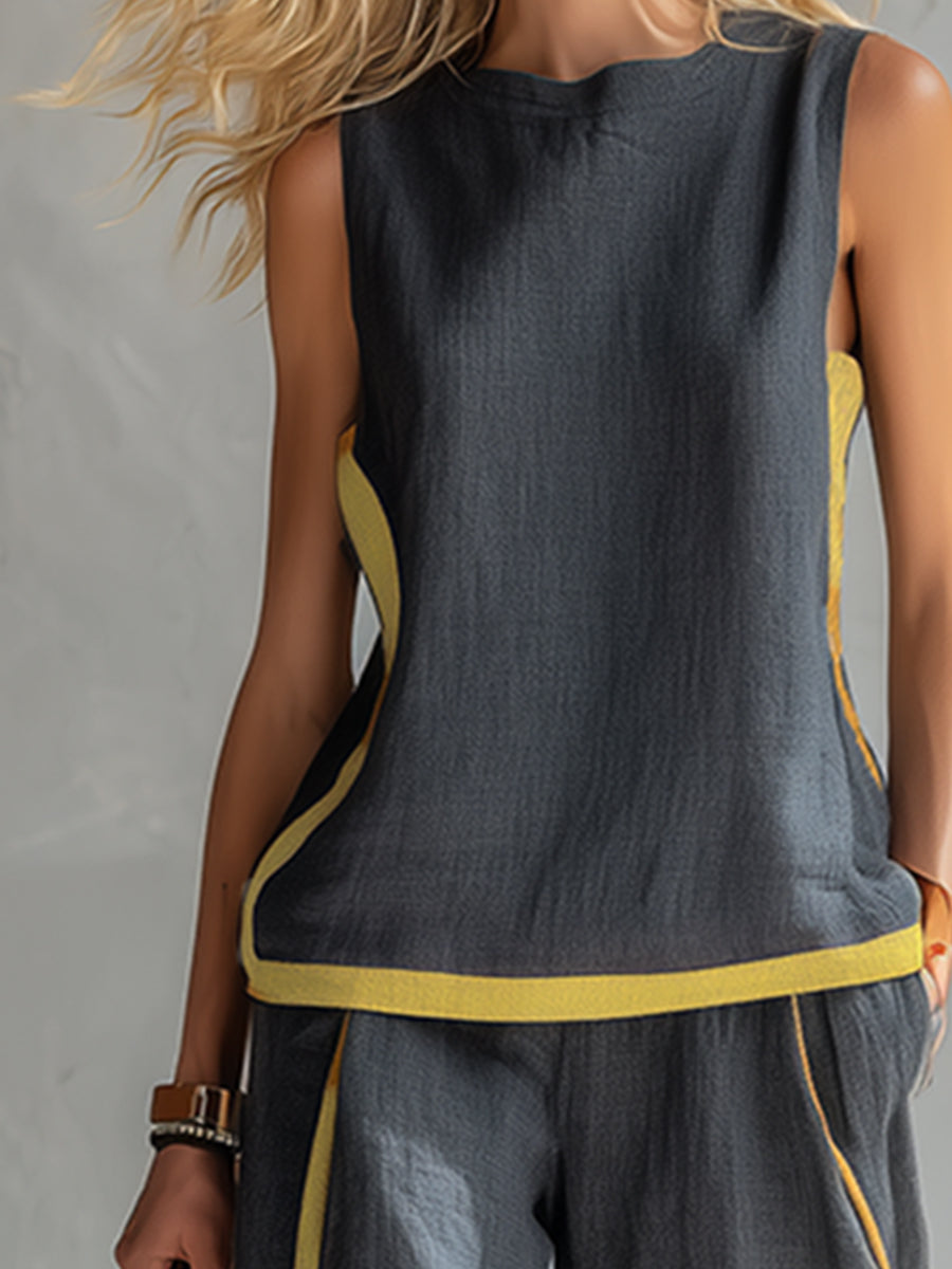 Leila | Completo gilet e pantaloni cotone-lino grigio bicolore