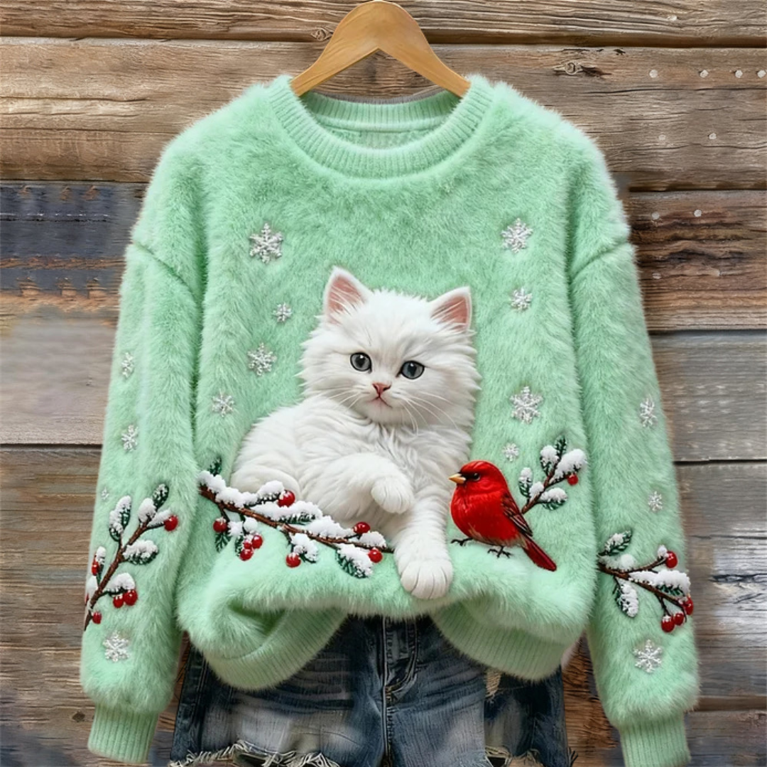 Luna | Maglione Accogliente Con Gatto Nevoso Menta