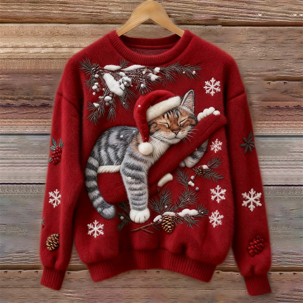 Tessa | Maglione Rosso con Gatto Pigro