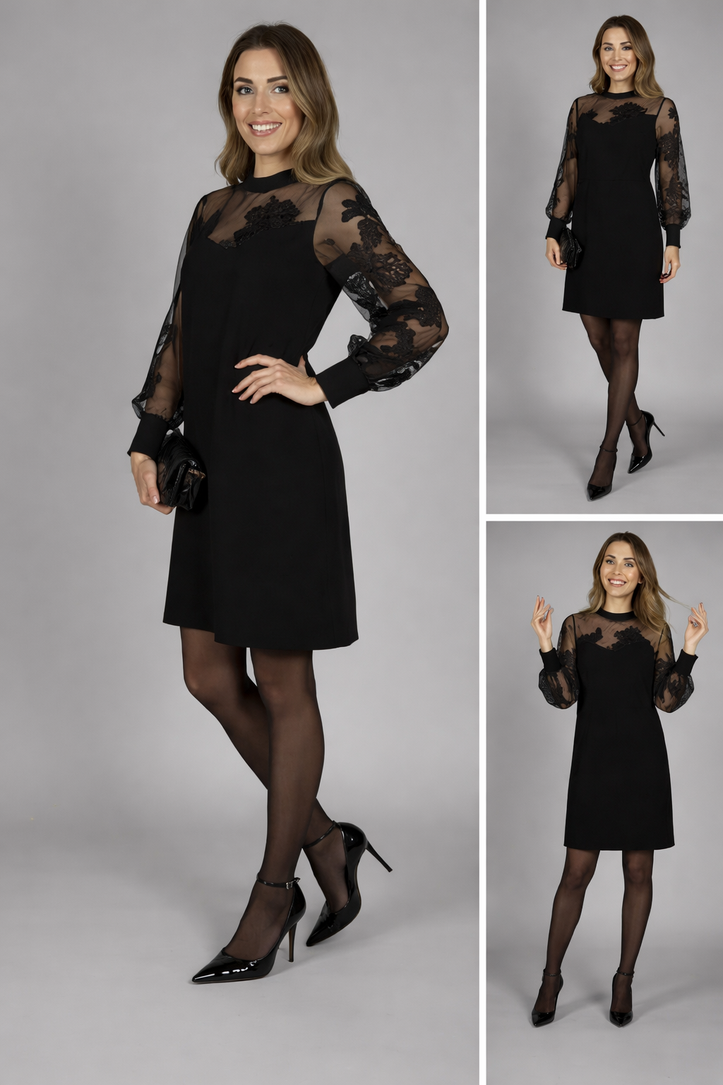 Caterina | Abito Nero Elegante con Maniche in Tulle