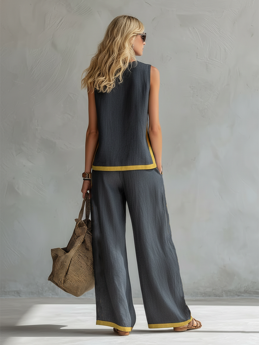 Leila | Completo gilet e pantaloni cotone-lino grigio bicolore