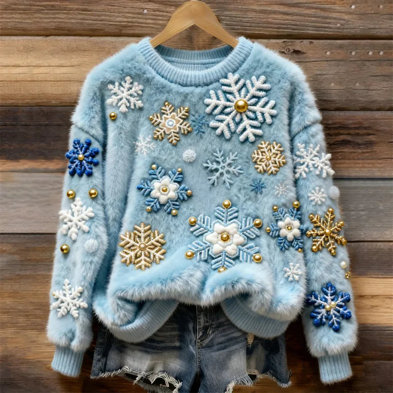 Maglione Accogliente invernale – Fiocchi di Neve Ghiacciati Blu