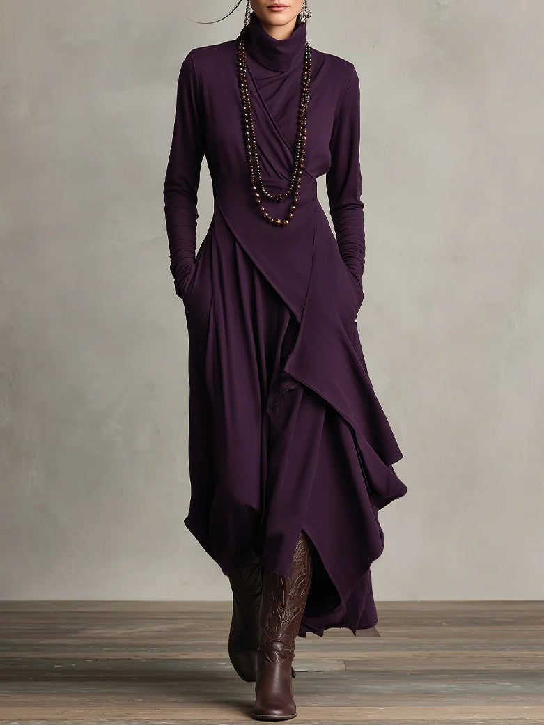 Giorgia – Abito Maxi Asimmetrico Viola a Collo Alto