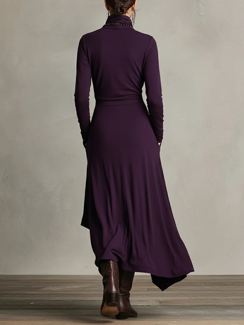 Giorgia – Abito Maxi Asimmetrico Viola a Collo Alto