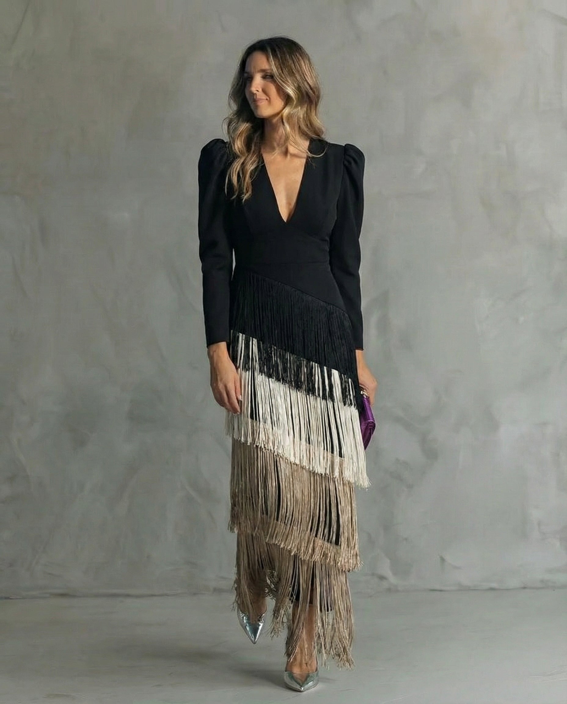 Clara™ | Abito midi elegante con maniche a frange