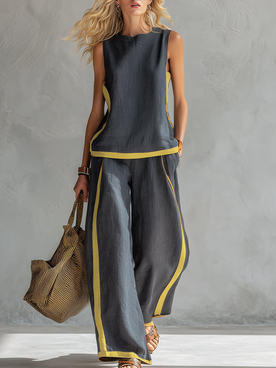 Leila | Completo gilet e pantaloni cotone-lino grigio bicolore