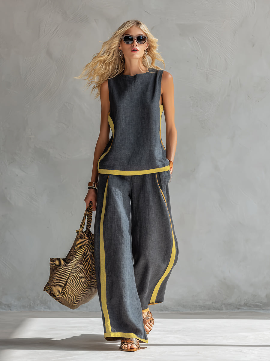 Leila | Completo gilet e pantaloni cotone-lino grigio bicolore