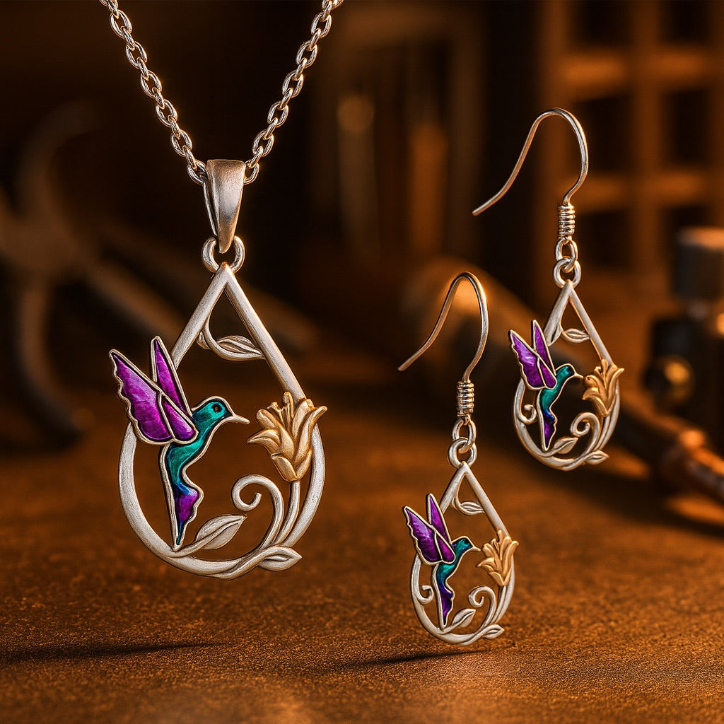 Bellissima collana con colibrì per donna con orecchini in omaggio