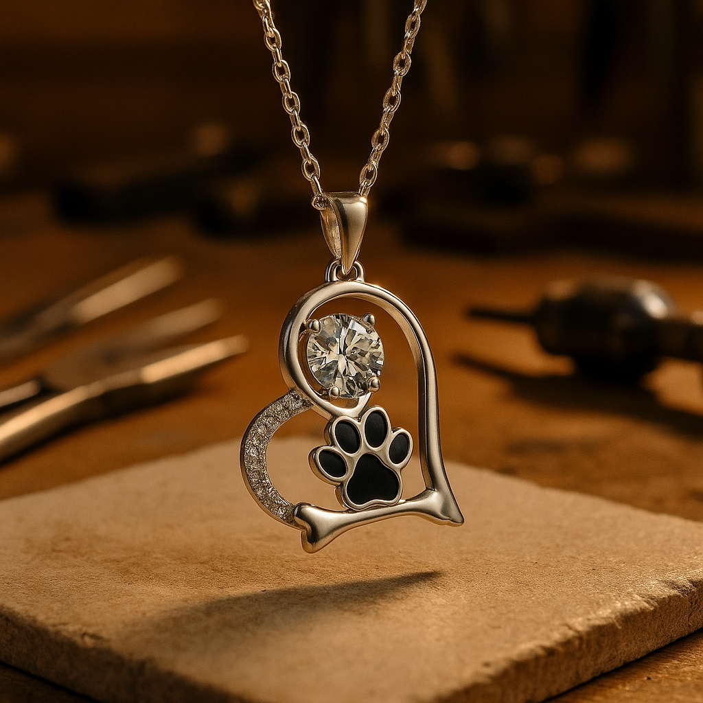 Collana artigianale con impronta di zampa di cane e osso con zirconi