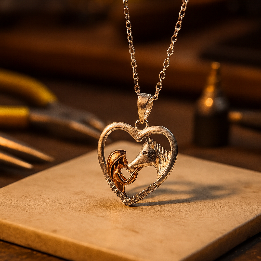Bellissima collana con zirconi a forma di cuore e cavallo