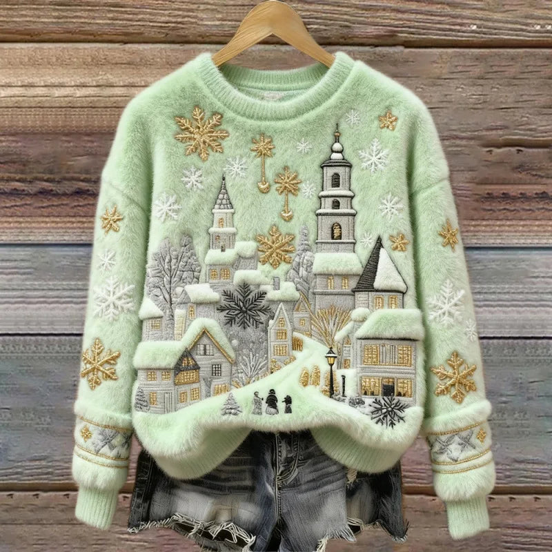 Maglione Accogliente Invernale – Verde Villaggio Innevato