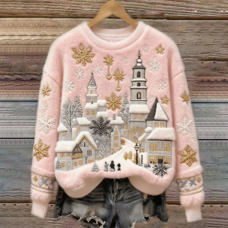 Maglione Accogliente Invernale – Villaggio Innevato Rosa