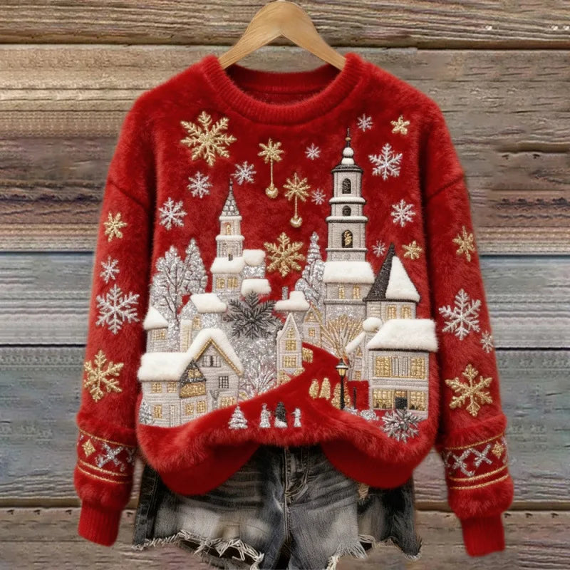 Maglione Accogliente Invernale – Villaggio Nevoso Rosso