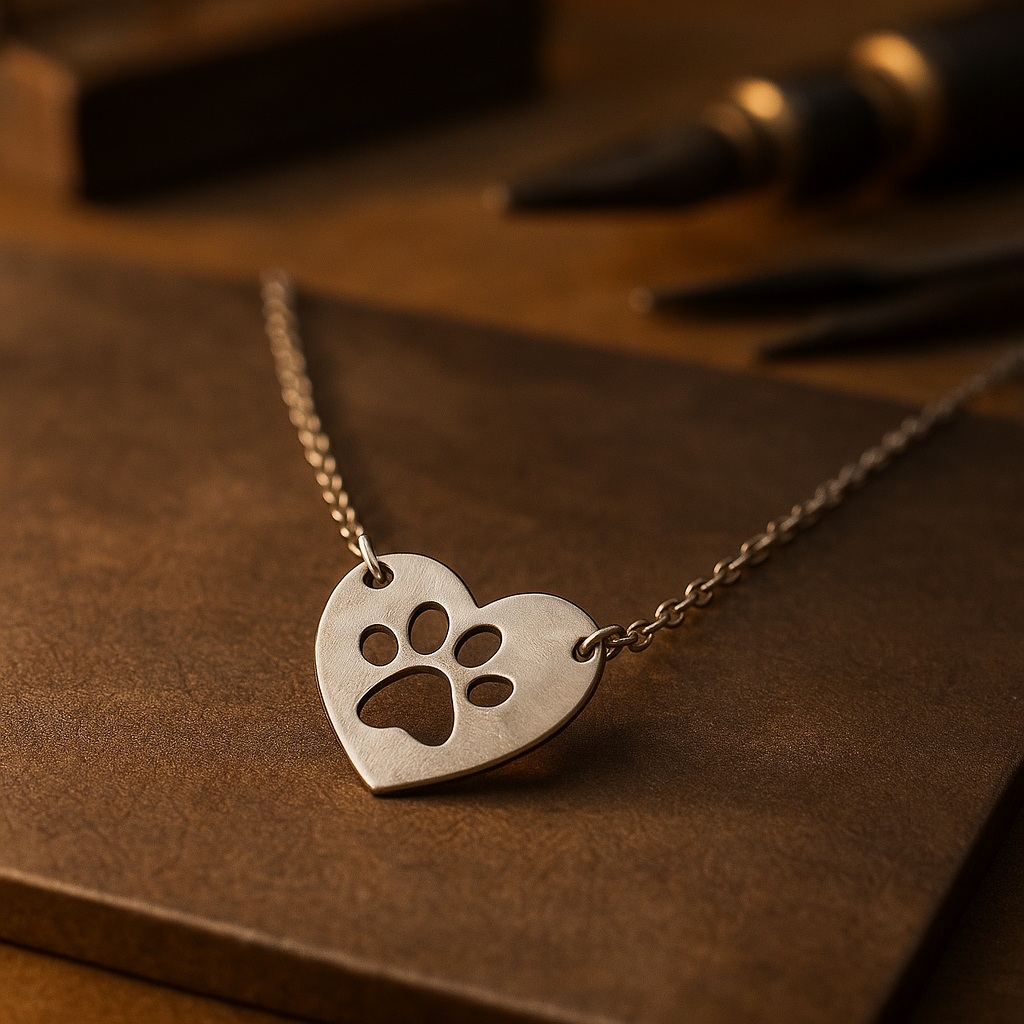 Collana con pendente a forma di cuore e zampa in argento