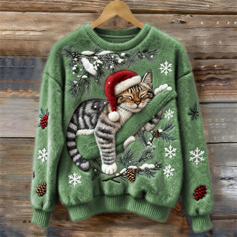 Tessa | Maglione Verde con Gatto Pigro